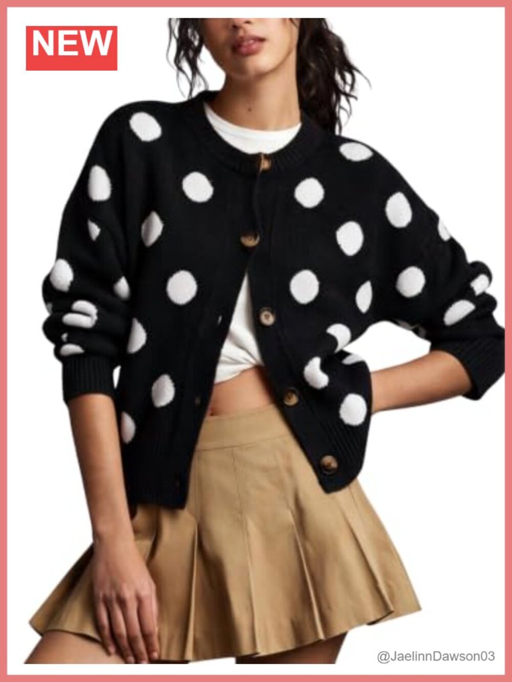Polka Dot Knit Cardigan Crewneck Button Down Sweater